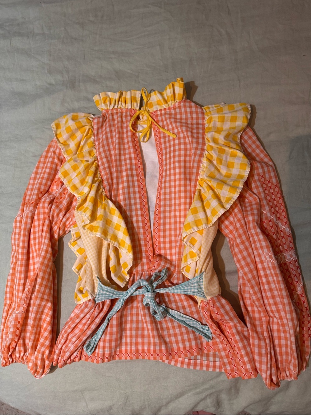 THRILLENIUM HANDMADE Gingham Ruffle Smock Top with Teapot Cross-Stitch - Picture 3 of 4